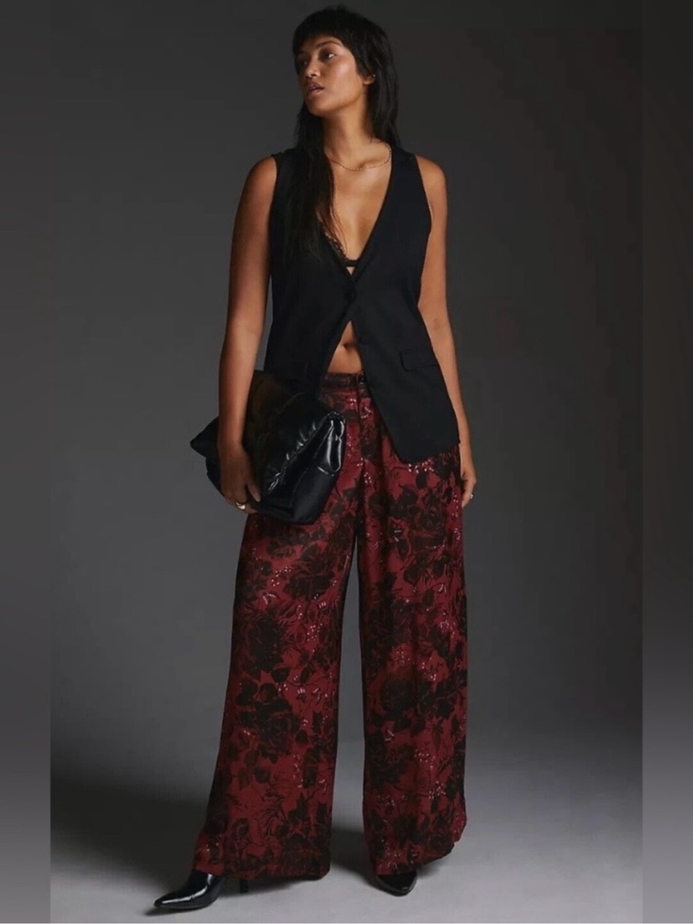 By Anthropologie Floral Flocked Wide-Leg Pants in Maroon / Wine (Size 4)